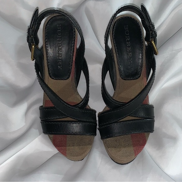 BURBERRY size 35.5 black leather WARLOW nova check STRAPPY PLATFORM SANDALS - Picture 5 of 16
